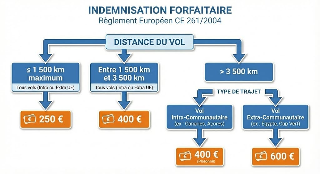 Barème indemnisation vol annulé selon la distance (250€, 400€, 600€)